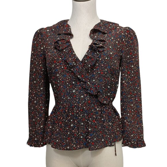 Madewell Star Print Blouse 100% Silk Peplum Wrap Size XSmall - Picture 1 of 15
